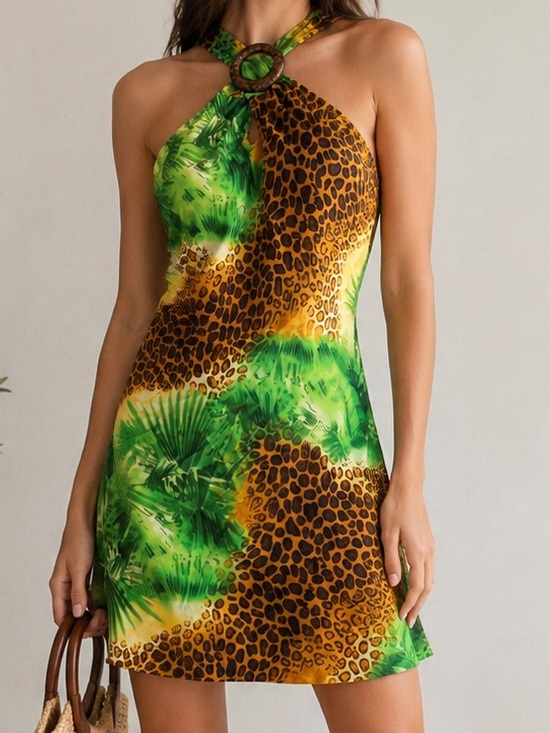 La Vie En Rose Dresses & Skirts - La Vie en Rose Tropical Leopard Print Halter Dress Size M/L
